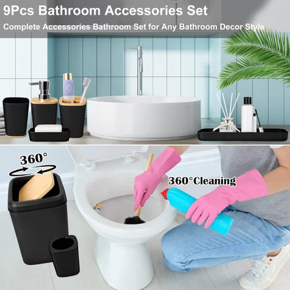 Accessory Set Black Bathroom Set, 9 Piece Black Bathroom Accessories Bathroom Sets with Trash