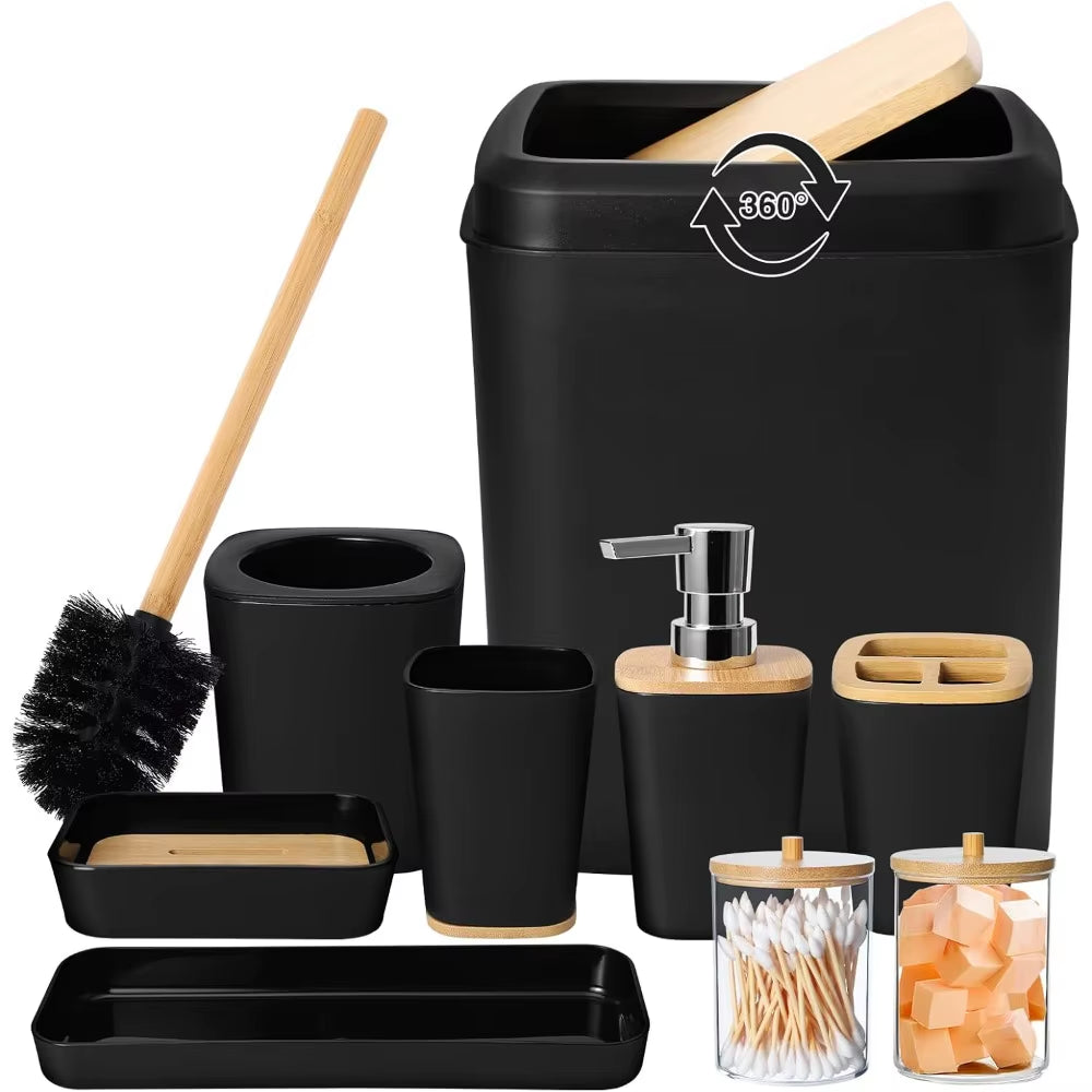 Accessory Set Black Bathroom Set, 9 Piece Black Bathroom Accessories Bathroom Sets with Trash