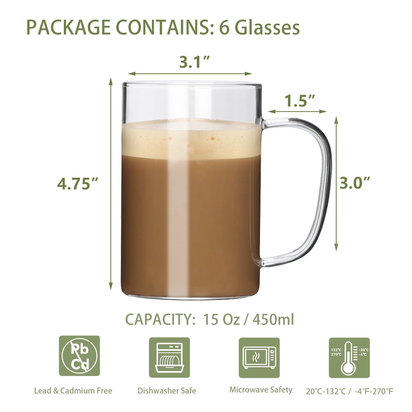 Coffee Mug Set of 6, Clear Glass Cups 15Oz (450Ml) for Juice Milk Tea Coffee