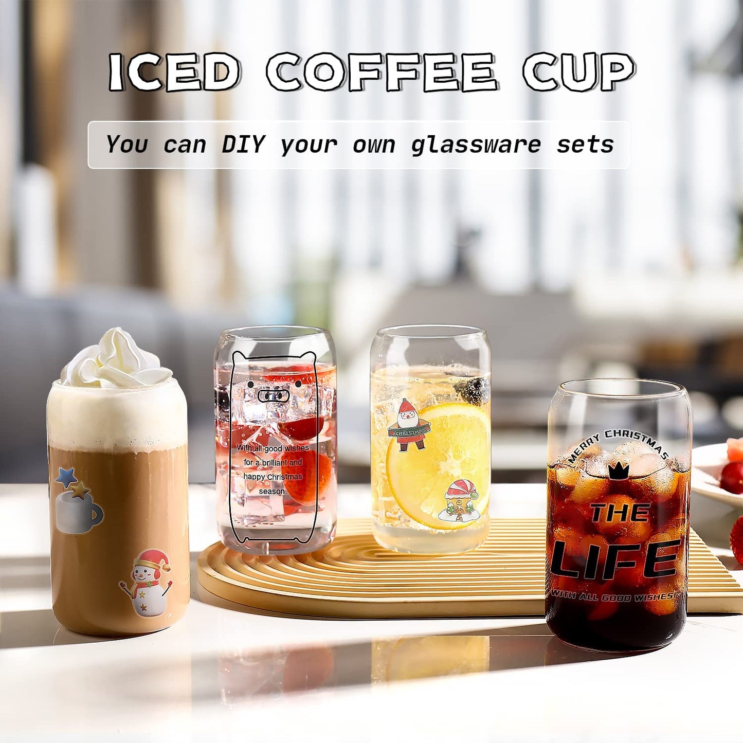 Glass Cups 8Pcs Set 16Oz Iced Coffee Cup,Glass Tumbler,Glass Coffee Cups