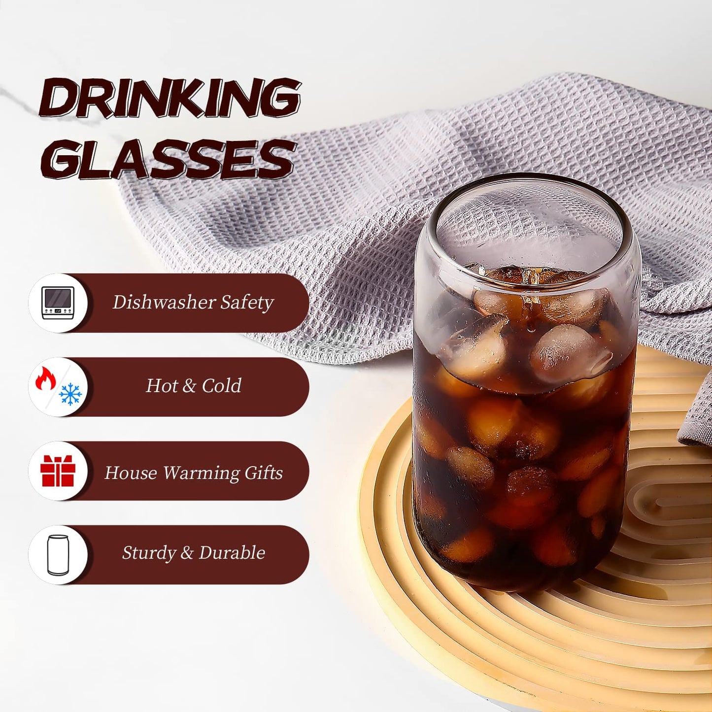 Glass Cups 8Pcs Set 16Oz Iced Coffee Cup,Glass Tumbler,Glass Coffee Cups