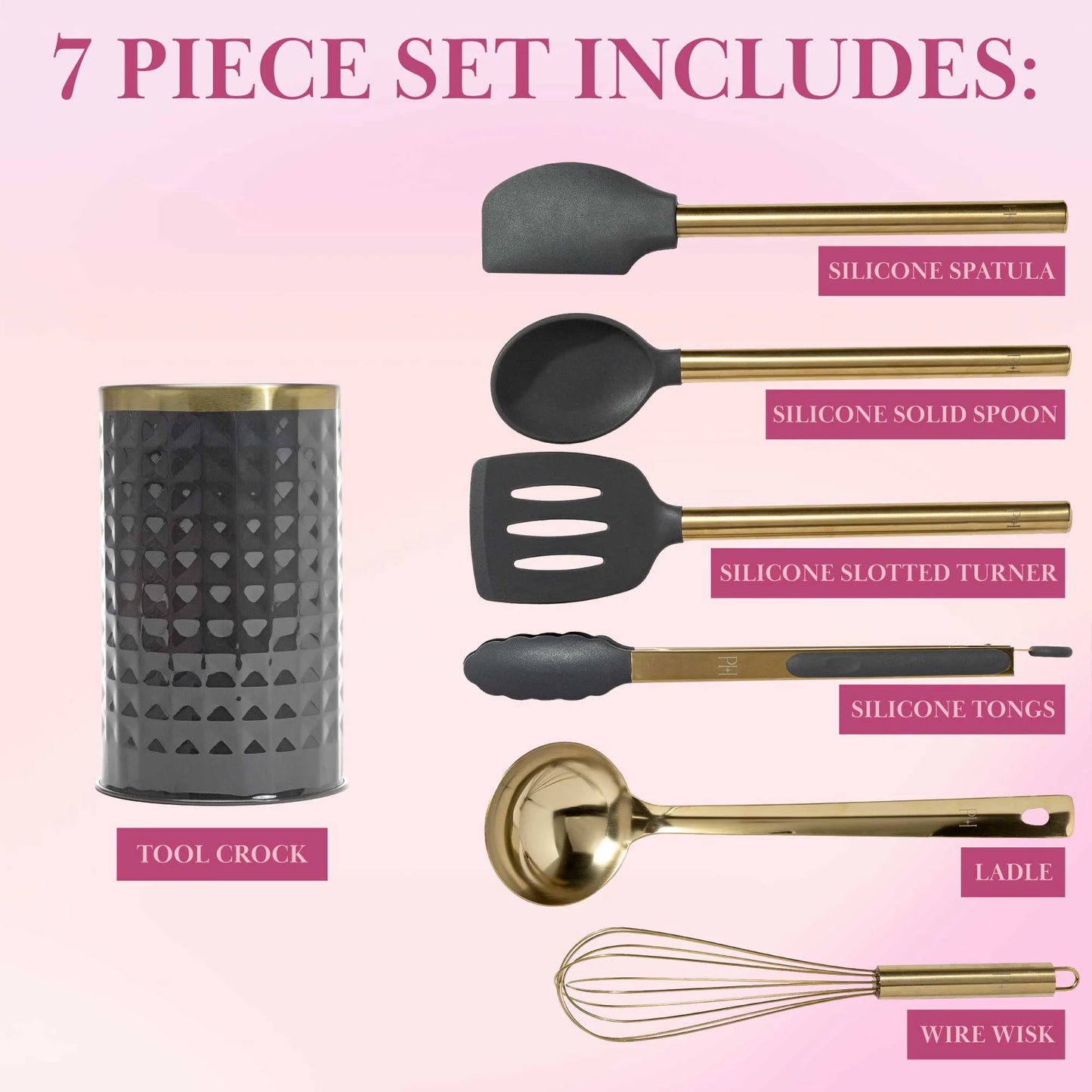 7-Piece Cooking Utensils Set, Silicone and Stainless Steel, Gray