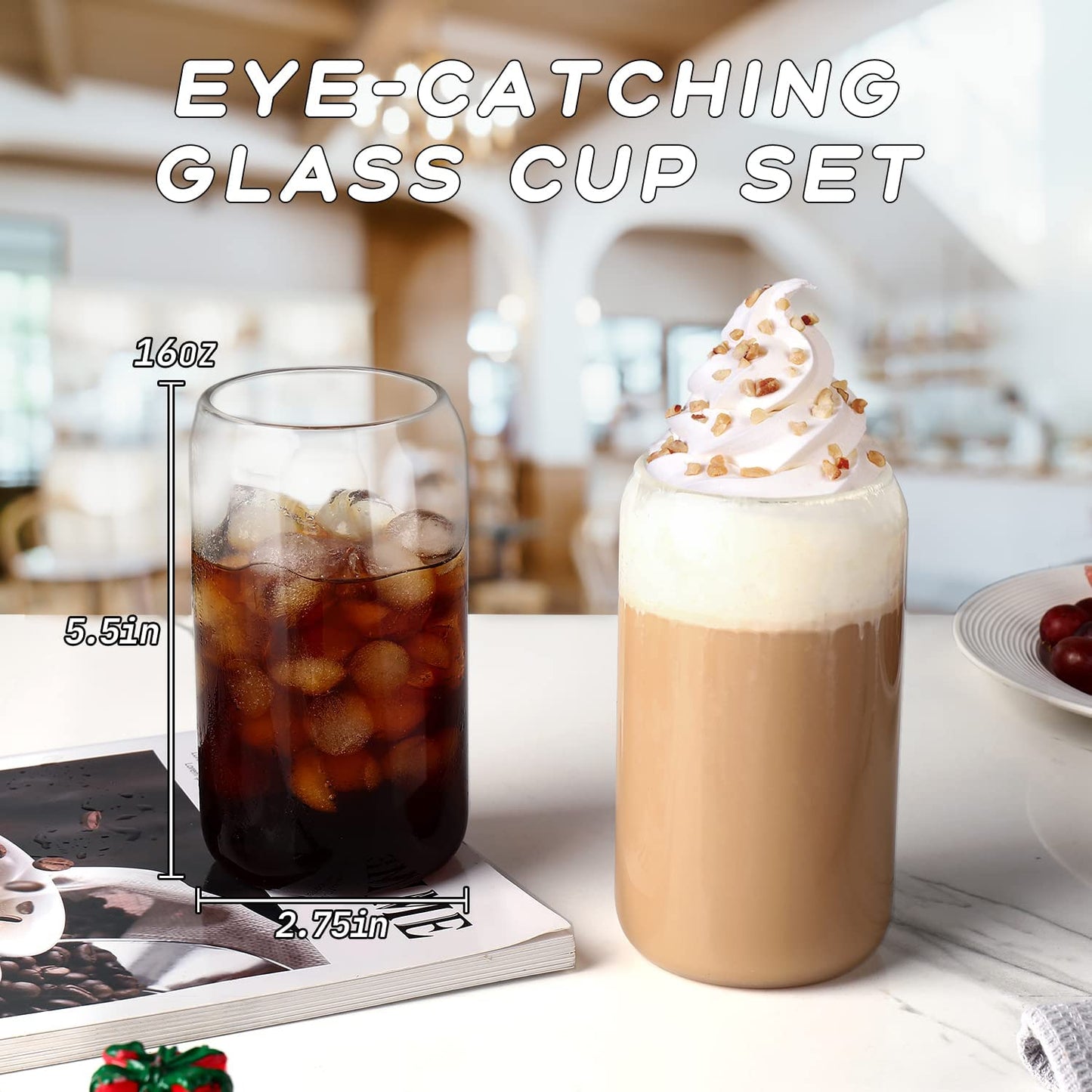 Glass Cups 8Pcs Set 16Oz Iced Coffee Cup,Glass Tumbler,Glass Coffee Cups