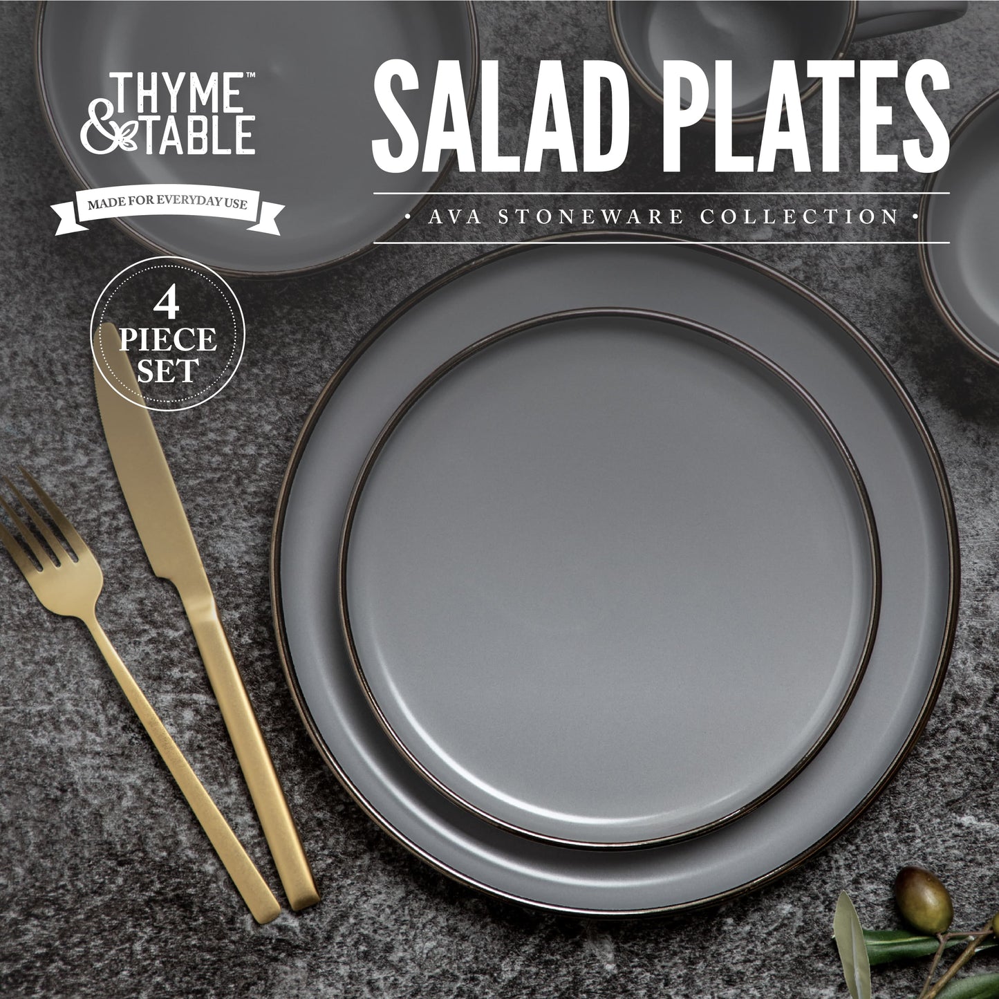 Dinnerware Gray Ava Stoneware Salad round Plates, 4 Pack