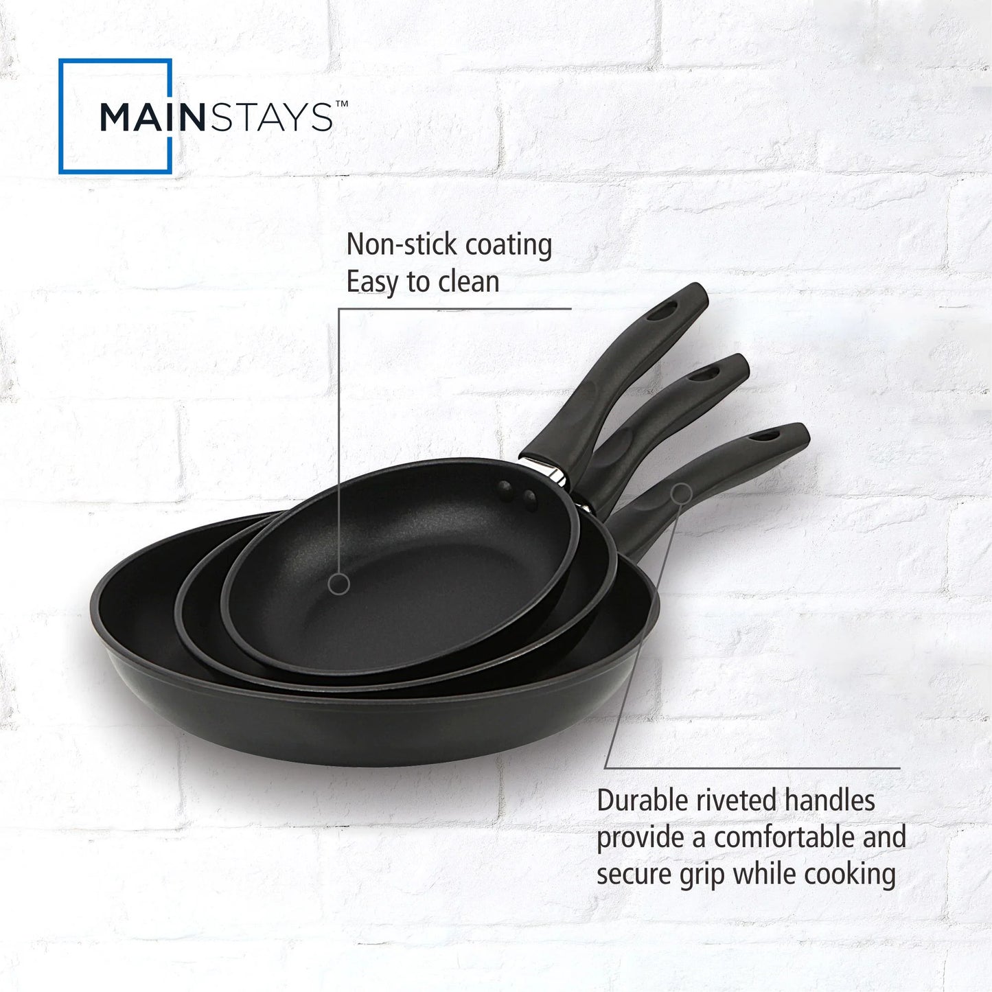 3-Piece Nonstick Aluminum Skillet Set, Black Finish Set of 3