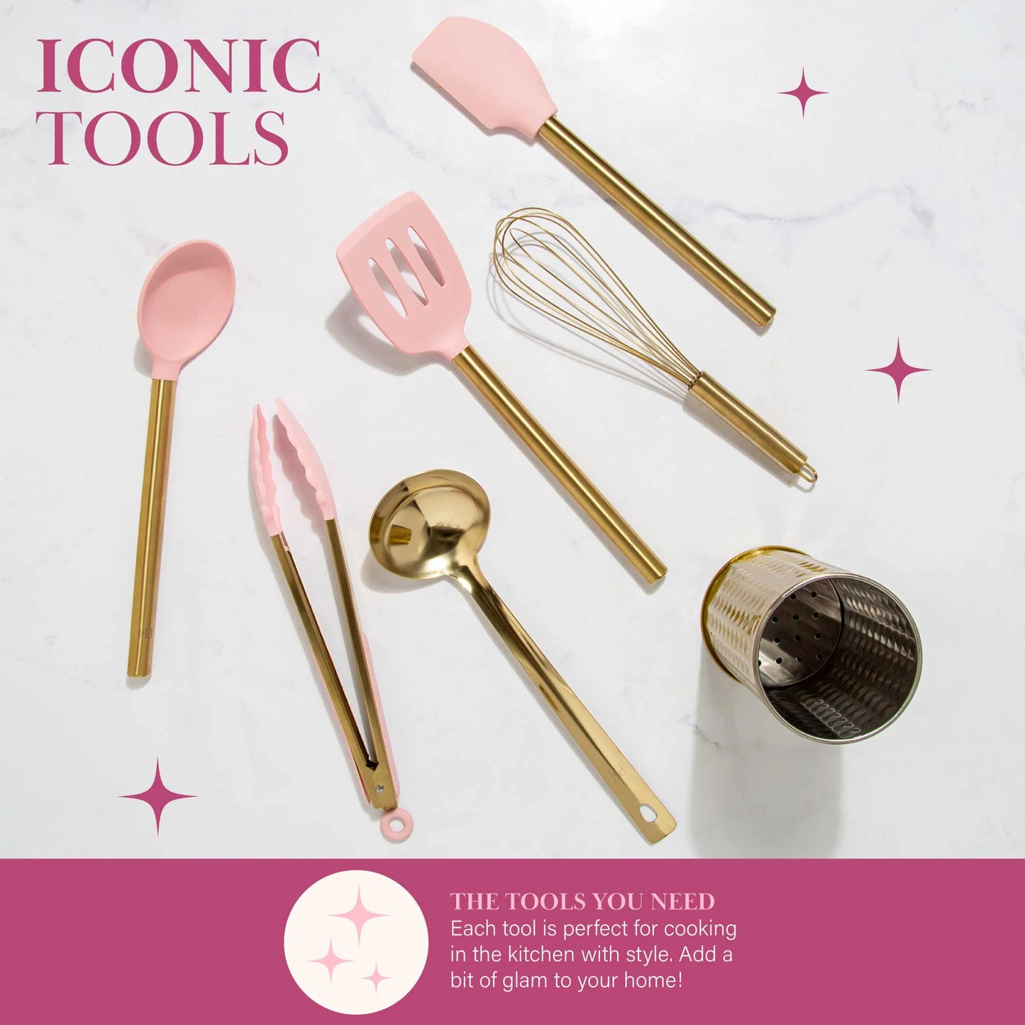 7-Piece Cooking Utensils Set, Silicone and Stainless Steel, Pink