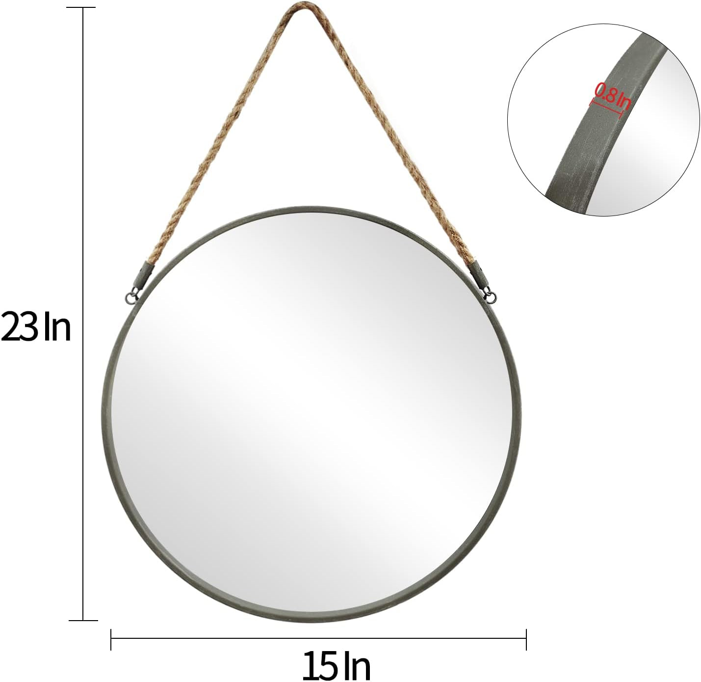 round Mirror, Rope Hanging Mirror, 15 Inch Farmhouse Circle Wall Mirror for Bathroom Bedroom Living Room Entryway Home Decor, Grey